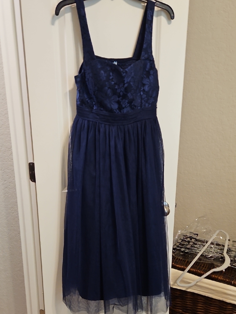 Navy Floral Lace A-Line Dress with Tulle Skirt